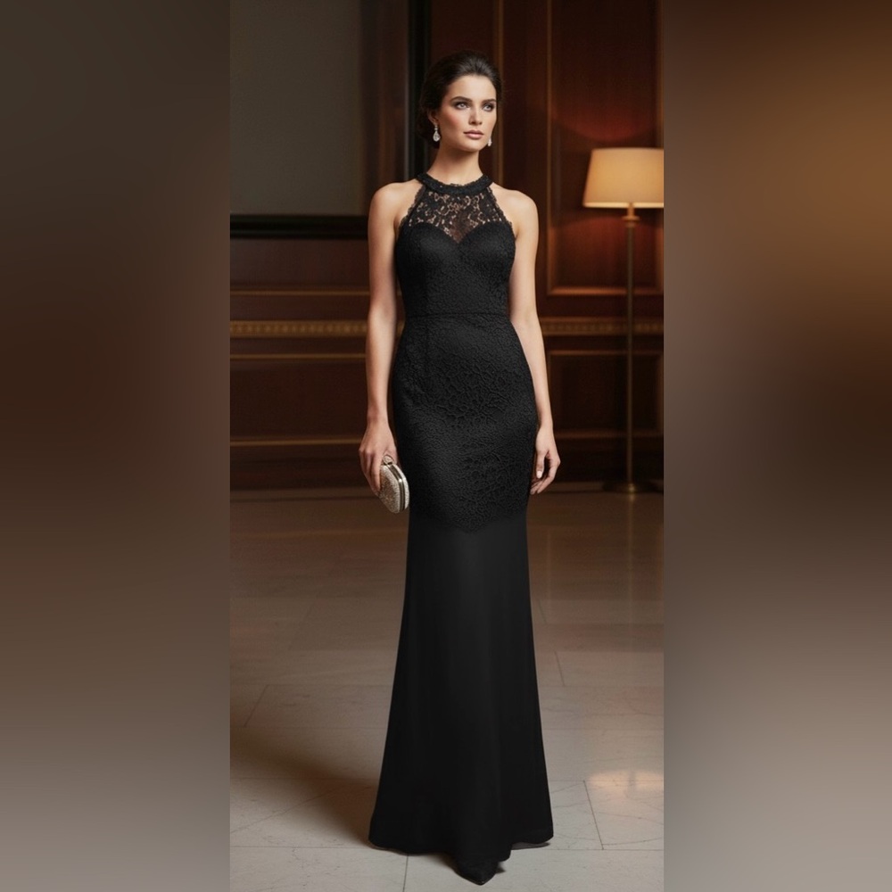Nicole Miller black lace floor length formal halter gown